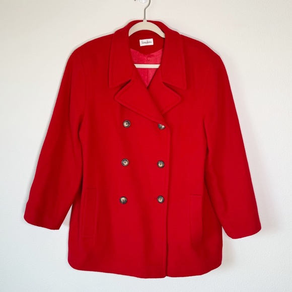 Vintage Neiman Marcus Red Wool Double Breasted Pea Coat‎ Large - Picture 1 of 10
